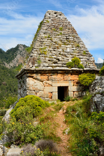 Ancient monumental tomb in Turgut village near Marmaris resort town in Turkey. photo