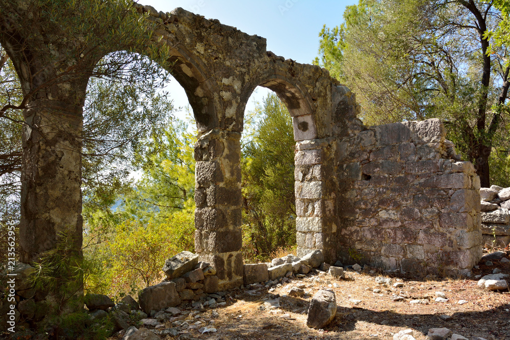 Ruins of Byzantine church Gerbekilise on Bozburun peninsula near Marmaris resort town in Turkey.