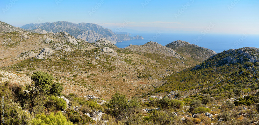 Rocky Mediterranean coastline on Bozburun peninsula near Marmaris resort town in Turkey.