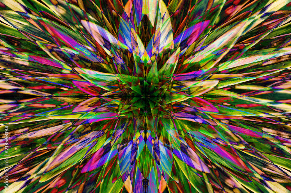Hallucinogen fluorescent background from plants of surreal colors . Abstract illusion on drink and drug theme. Psychedelic tropical effect of cannabis or alcohol. Lsd effect. Hemp dope.