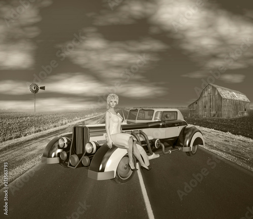 3D Illustration of 1930s Retro Americana Scene in Sepia Tone