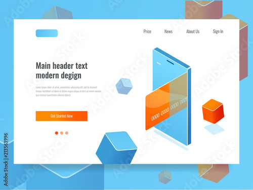 Concept of online payment with mobile phone and credit card, money transfer and transaction isometric vector