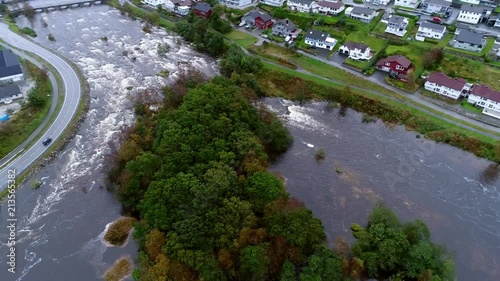Aerial footage of a flooded semirural area in Norway photo