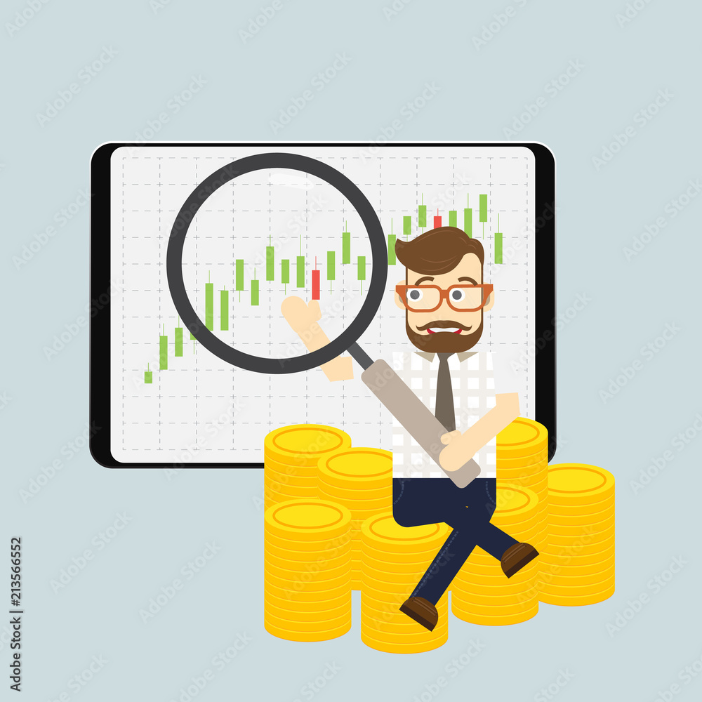 Smart business man sit on money coin and graph Investment concept in flat style. Smart business man sit on money coin and graph Investment concept in flat style.