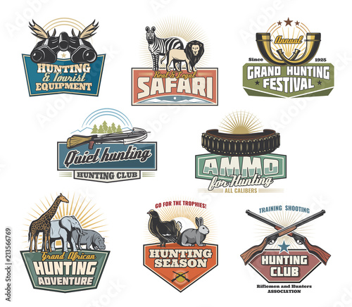 Hunting safari icons with animals and hunter guns