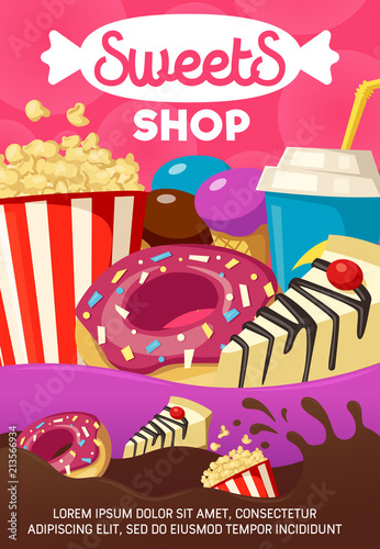 Tasty sweets and fast food shop cartoon poster