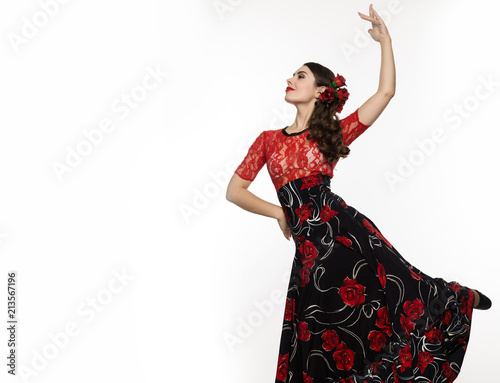 spanish girl flamenco dancer on a light background. free space for your text