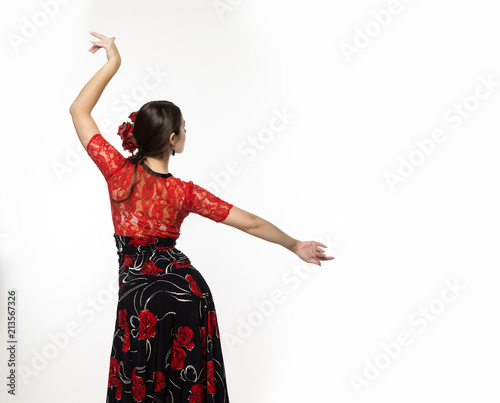 spanish girl flamenco dancer on a light background. free space for your text