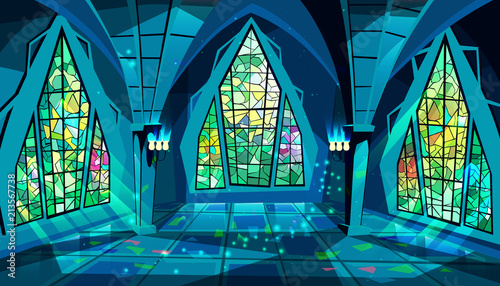 Ballroom or palace vector illustration of royal gothic hall at night with stained glass windows and moon light reflection on floor. Cartoon ball room or king apartment and museum interior background