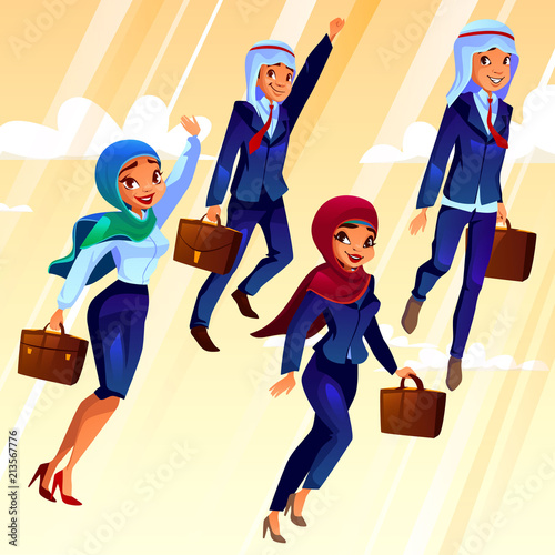 Vector college students with bags flying in the sky, concept of education of young people. Group of arab people in university clothing, uniform and hijab. Cartoon characters - smart pupils