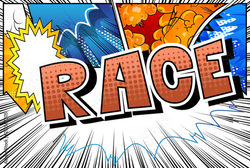 Race - Comic book style word on abstract background.