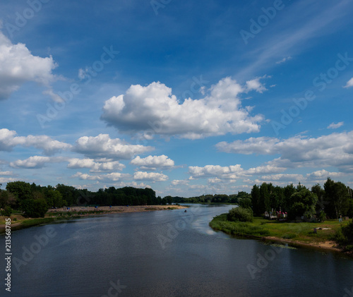 Quay of the river. Grass, water, Church, Yaroslavl