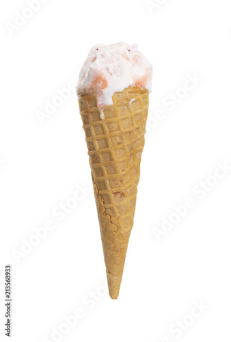 melting strawberry ice cream in waffle cone isolated on white background