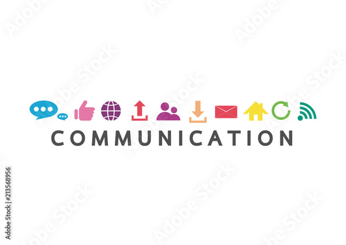 Vector illustration of a communication concept. The word communication with colorful dialog speech bubbles