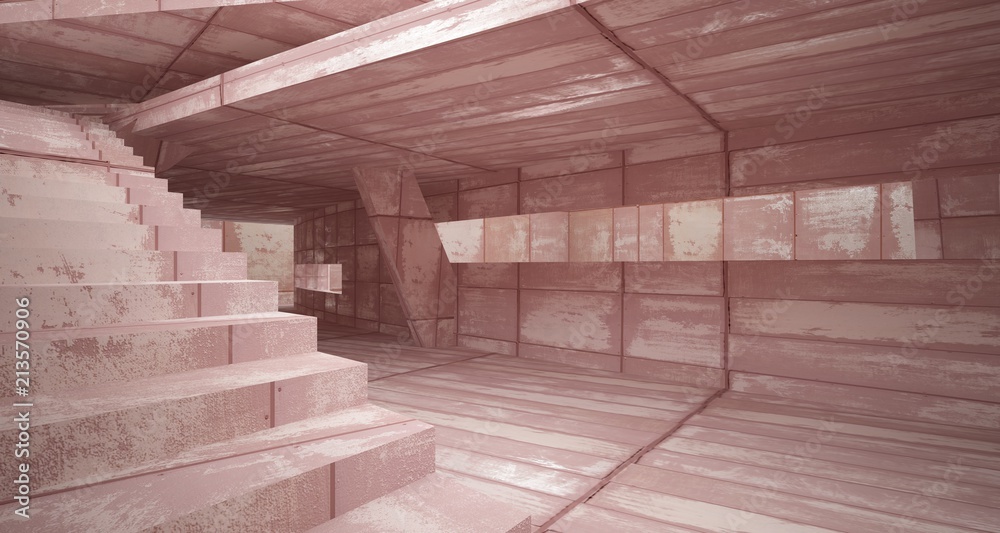 Empty smooth abstract room interior of sheets rusted metal with gray concrete. Architectural background. 3D illustration and rendering Empty smooth abstract room interior of sheets rusted metal with gray concrete. Architectural background. 3D illustration and rendering