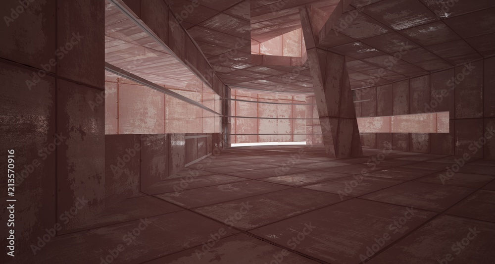 Empty smooth abstract room interior of sheets rusted metal with gray concrete. Architectural background. 3D illustration and rendering Empty smooth abstract room interior of sheets rusted metal with gray concrete. Architectural background. 3D illustration and rendering