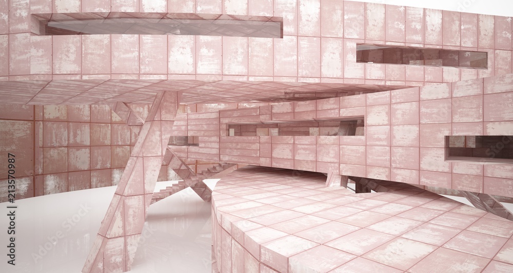 Empty smooth abstract room interior of sheets rusted metal with gray concrete. Architectural background. 3D illustration and rendering