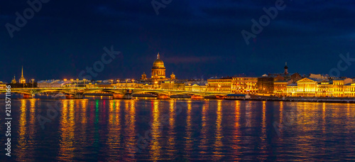 Panorama of St. Petersburg. View of the Neva River embankment. View of St. Isaac's Cathedral. Neva River. Panorama of Russia. View of the center of St. Petersburg. Night Peter.