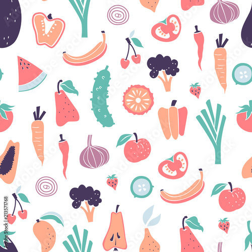 Seamless Pattern with Hand Drawn Doodle Vegetables and Fruits.