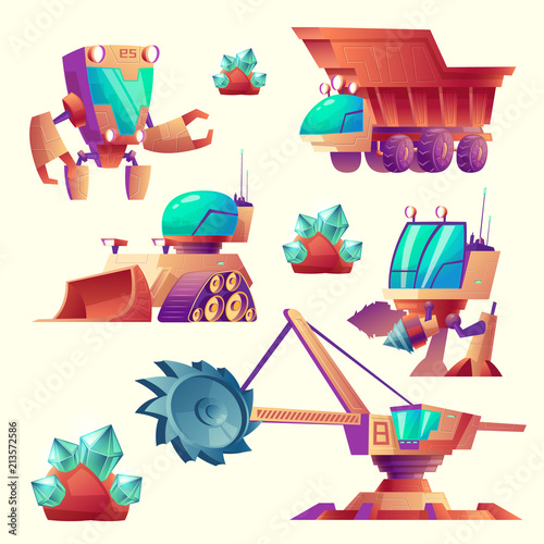 Vector cartoon set of mining machinery for planets, futuristic devices. Space exploration with multiple-flighted screw, robot digger. Mechanic crane, truck for minerals. Alien industrial technology