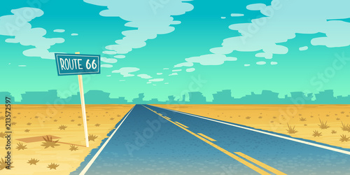 Vector desert landscape with empty asphalt way to canyon, wasteland. Route 66, path with road sign. Voyage background with clouds.