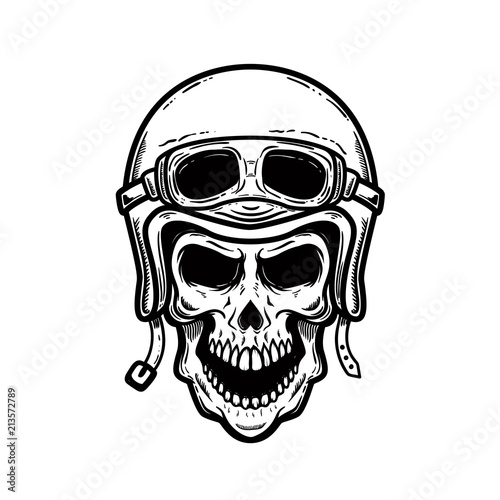 Biker skull in helmet isolated on white background. Design element for poster, card, banner, t shirt.