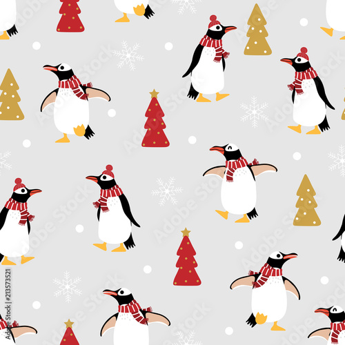 Cute penguin in winter costume seamless pattern. Wildlife animal in Christmas holidays outfit background.