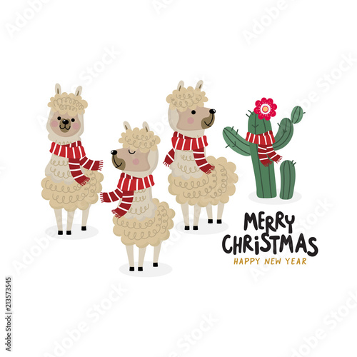 Merry Christmas greeting card with cute alpaca wear red scarf. Animal wildlife cartoon character.