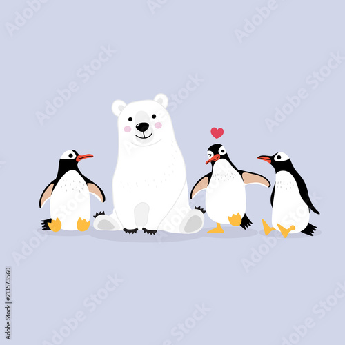 Cute polar bear and penguins cartoon vector. Animal wildlife character.