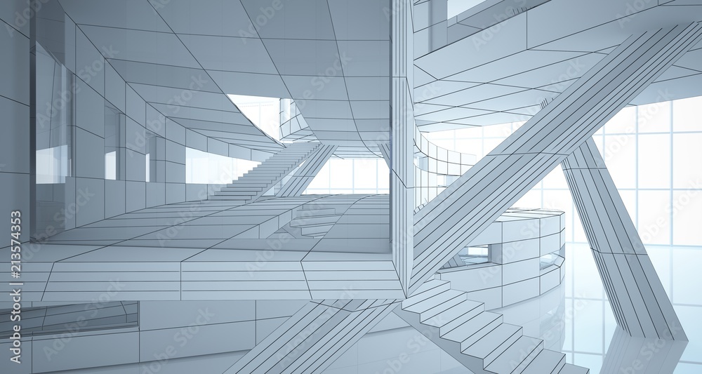 Fototapeta premium Abstract drawing white parametric interior. Polygon black drawing. 3D illustration and rendering.