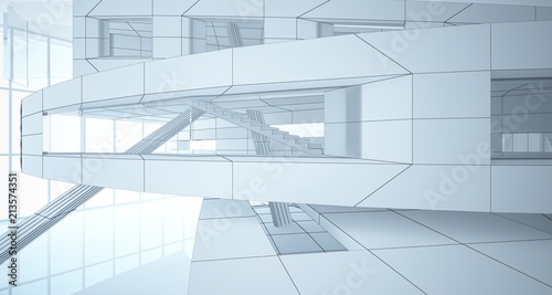 Abstract drawing white parametric interior. Polygon black drawing. 3D illustration and rendering.