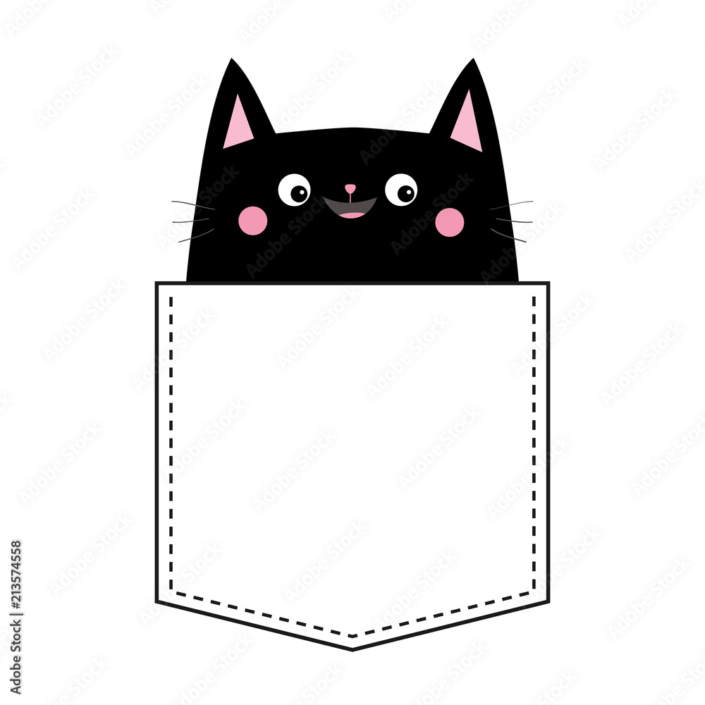 Black cat in the pocket. Pink cheeks. Cute cartoon animals. Kitten kitty  character. Dash line. Pet animal collection. White and black color. T-shirt  design. Baby background. Isolated. Flat Stock Vector | Adobe