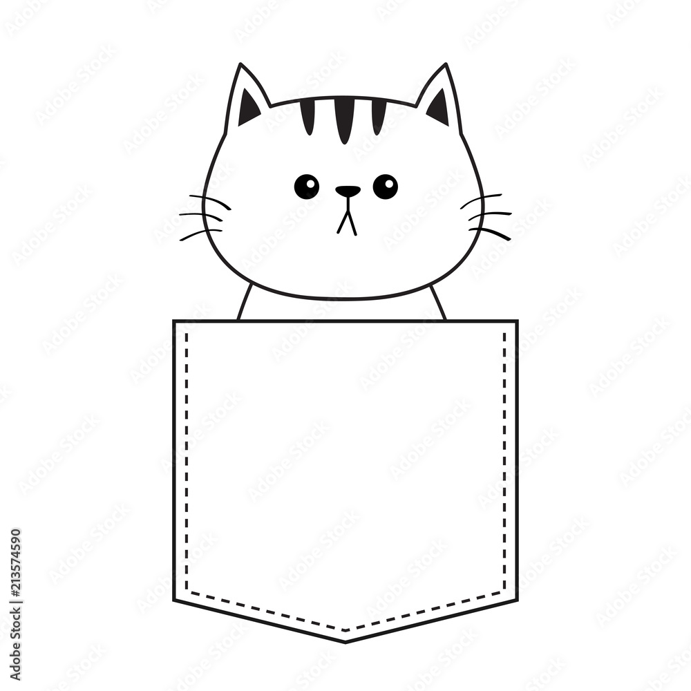 Fototapeta premium Cute cat in the pocket. Doodle contour linear sketch. Cartoon animals. Kitten kitty character. Dash line. Pet animal. White and black color. T-shirt design. Baby background. Flat