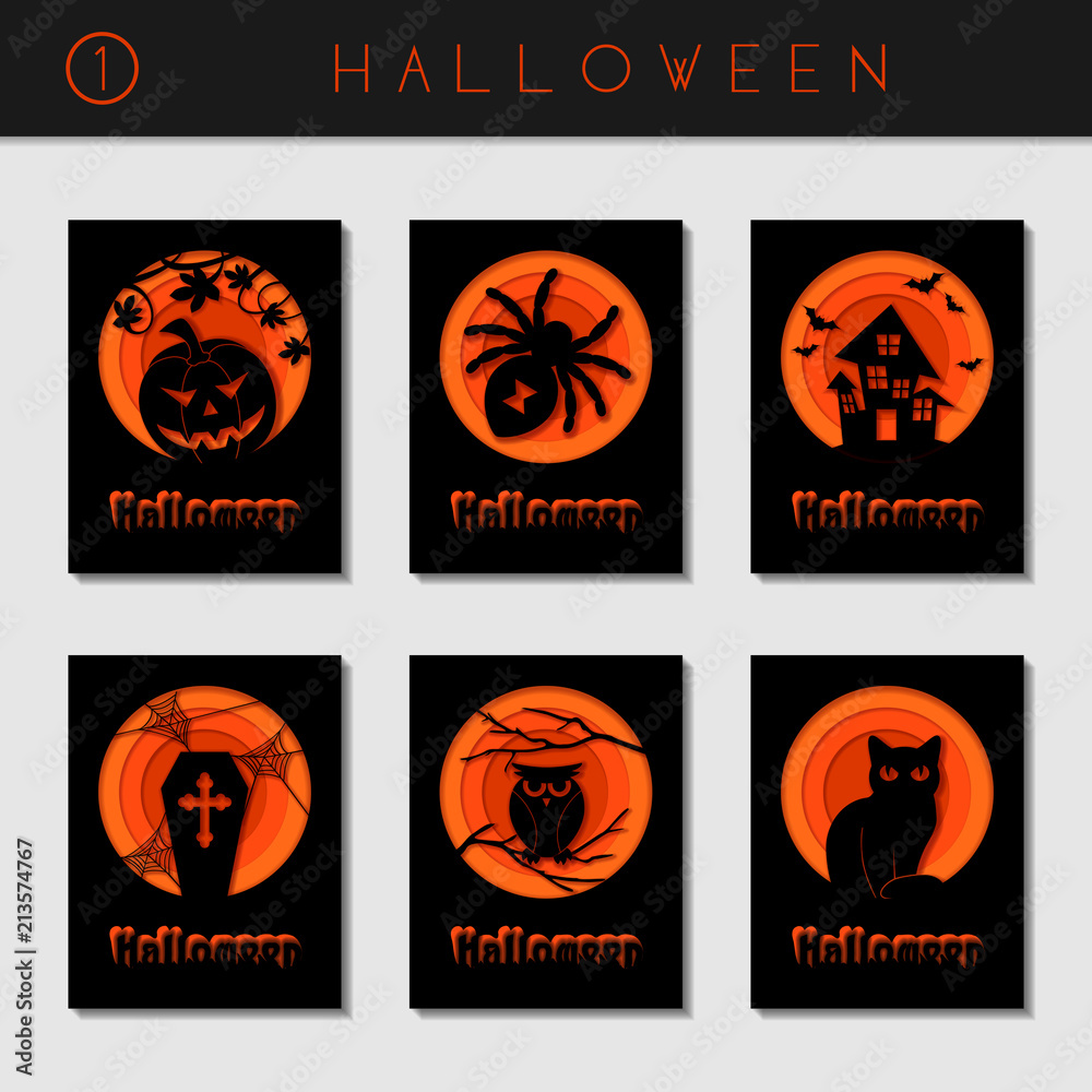 Set of black paper cut halloween cards Set of black paper cut halloween cards