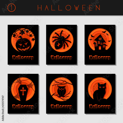 Set of black paper cut halloween cards