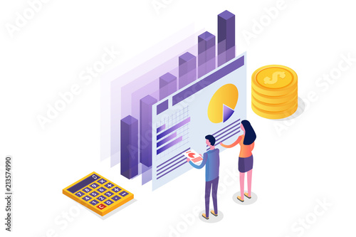 Financial administration, examiner, audit isometric concept with characters. Company tax and account.