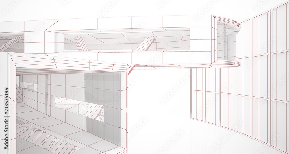 Abstract drawing white parametric interior. Polygon black drawing. 3D illustration and rendering.