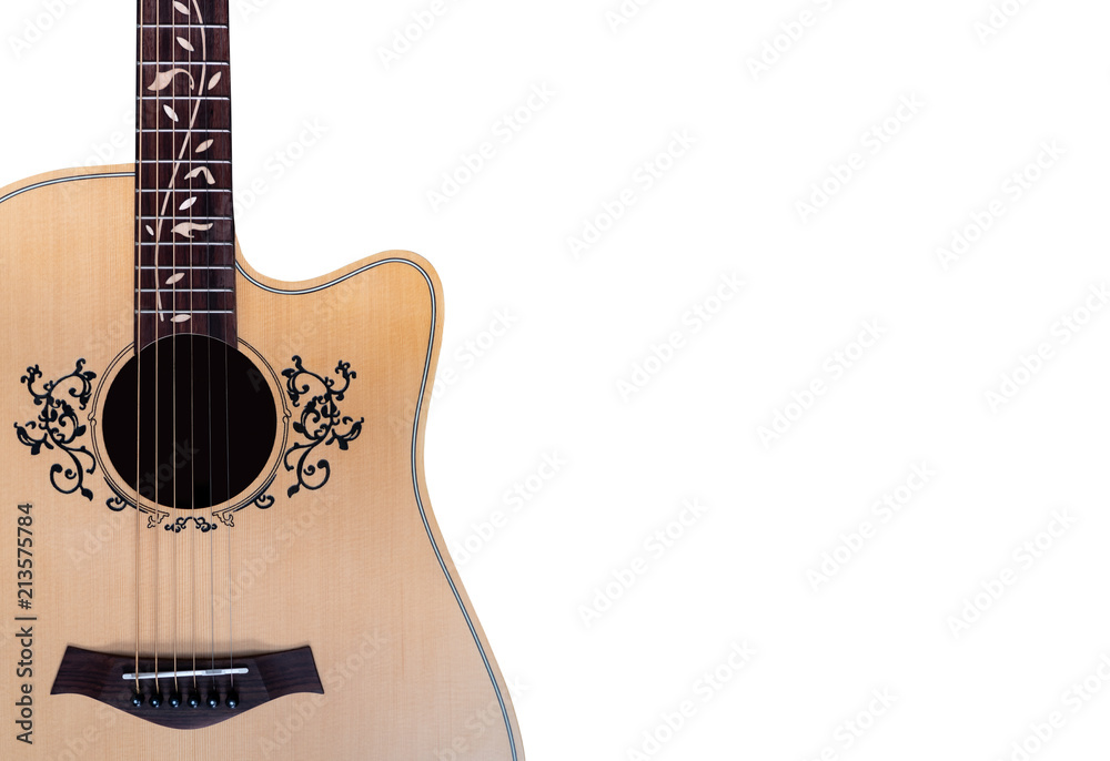 Fototapeta premium acoustic guitar, flower Inlay on Fingerboard around sound hole, with clipping path, isolated on white background