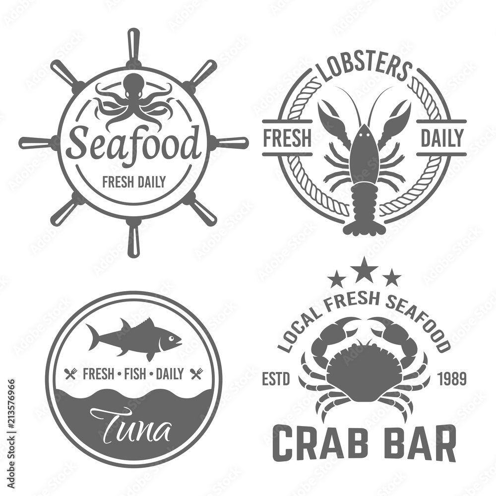Set of four vector emblems for seafood restaurant