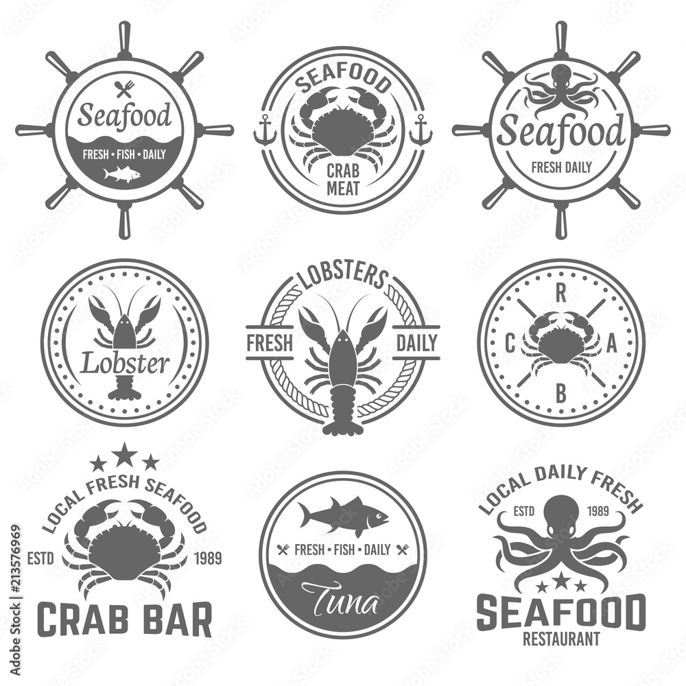 Seafood menu vector emblems, badges or labels