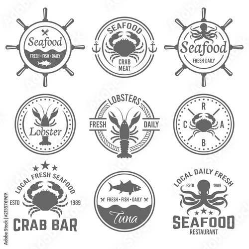 Seafood menu vector emblems, badges or labels