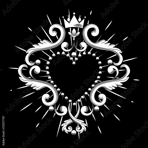 Beautiful ornamental heart with crown in white color isolated on black background. Vector illustration