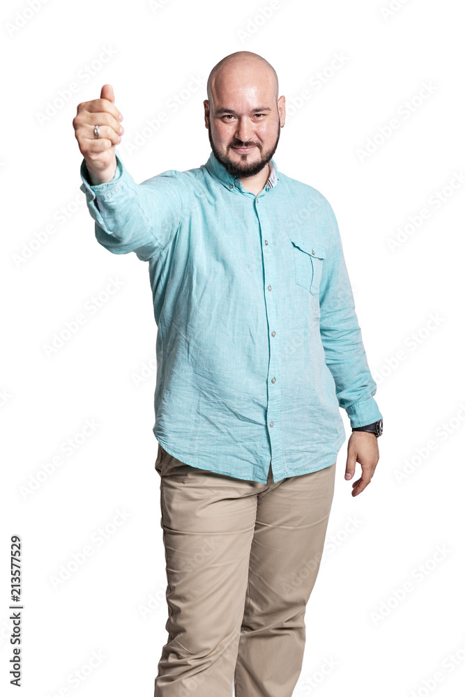 Bald brutal man with a beard laughing, isolated on a white background Bald brutal man with a beard laughing, isolated on a white background