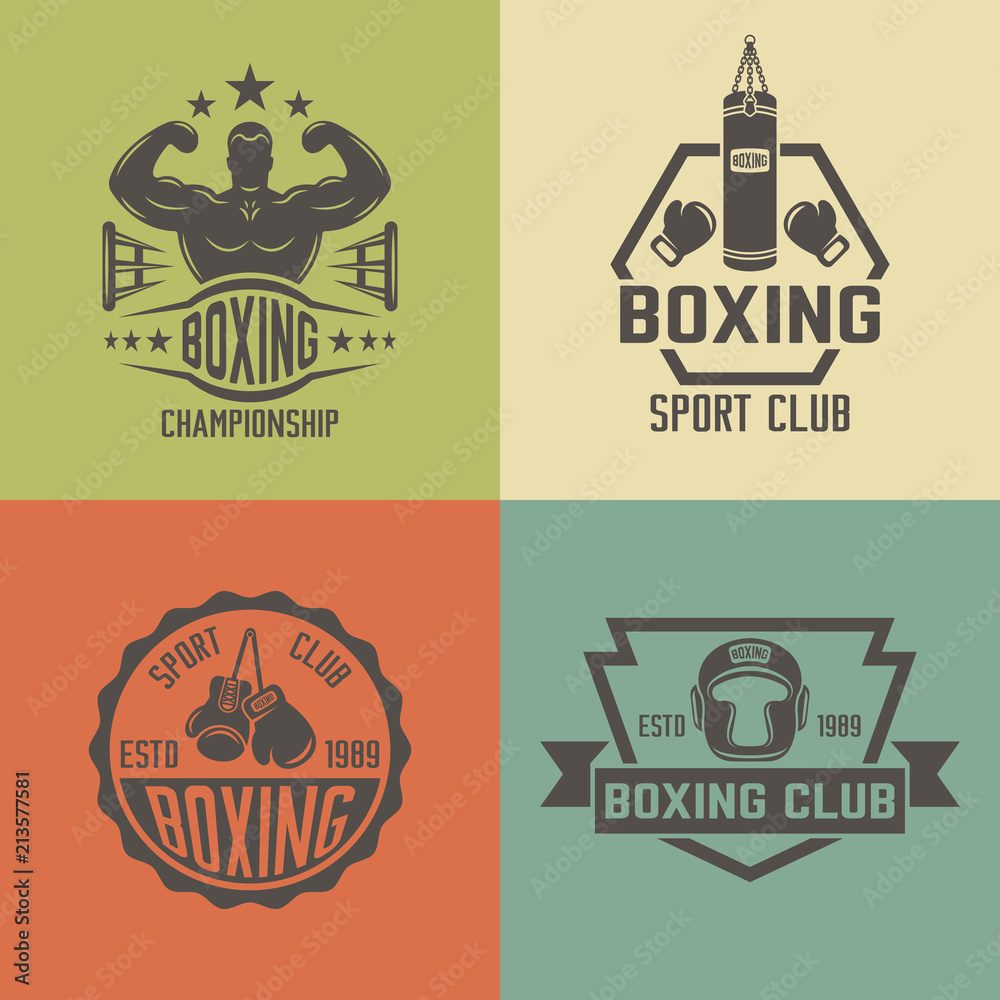 Boxing, martial arts vector colored vintage labels