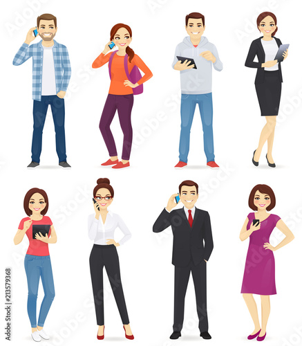 People with gadgets set isolated vector illustration
