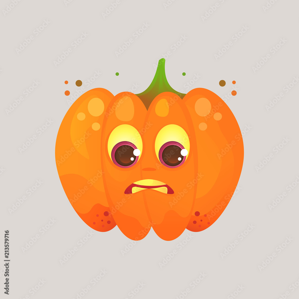 Fototapeta premium Character cartoon pumpkin. Emotional icon. In an awkward position, uncomfortable, feeling guilty. Halloween. Stickers for messenger and other communications. Vector illustration.