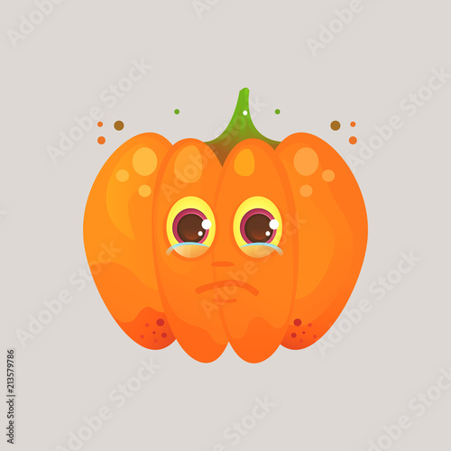 Character cartoon pumpkin. Emotional icon. Annoyance, crying, tears in my eyes. To the day of the Halloween.  Cartoon style. Sticker for messengers and other communications.