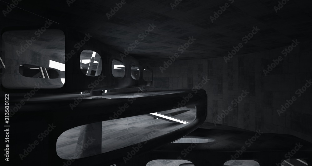 Naklejka premium Empty dark abstract concrete room smooth interior. Architectural background. Night view of the illuminated. 3D illustration and rendering