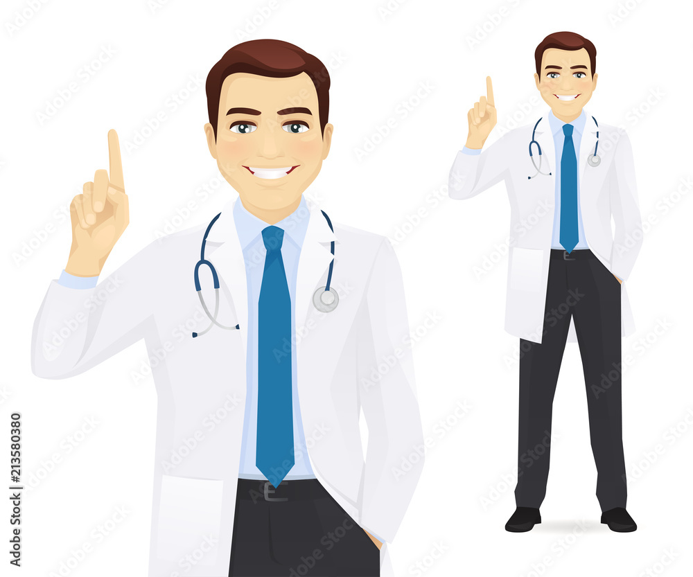 Male doctor pointing finger up isolated vector illustration
