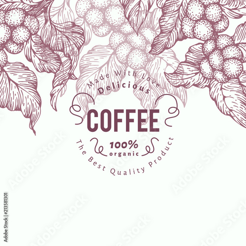 Coffee tree banner template. Vector illustration. Vintage coffee background. Hand drawn engraved style illustration.